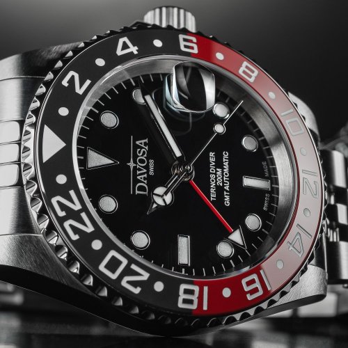 Męski srebrny zegarek Davosa ze stalowym paskiem Ternos Ceramic GMT - Black/Red Automatic 40MM
