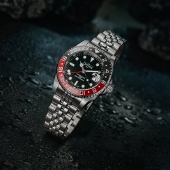 Stříbrné pánské hodinky Davosa s ocelovým páskem Ternos Ceramic GMT - Black/Red Automatic 40MM