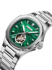 Stříbrné pánské hodinky Waldhoff s ocelovým páskem Navigator Malachite 40MM Automatic