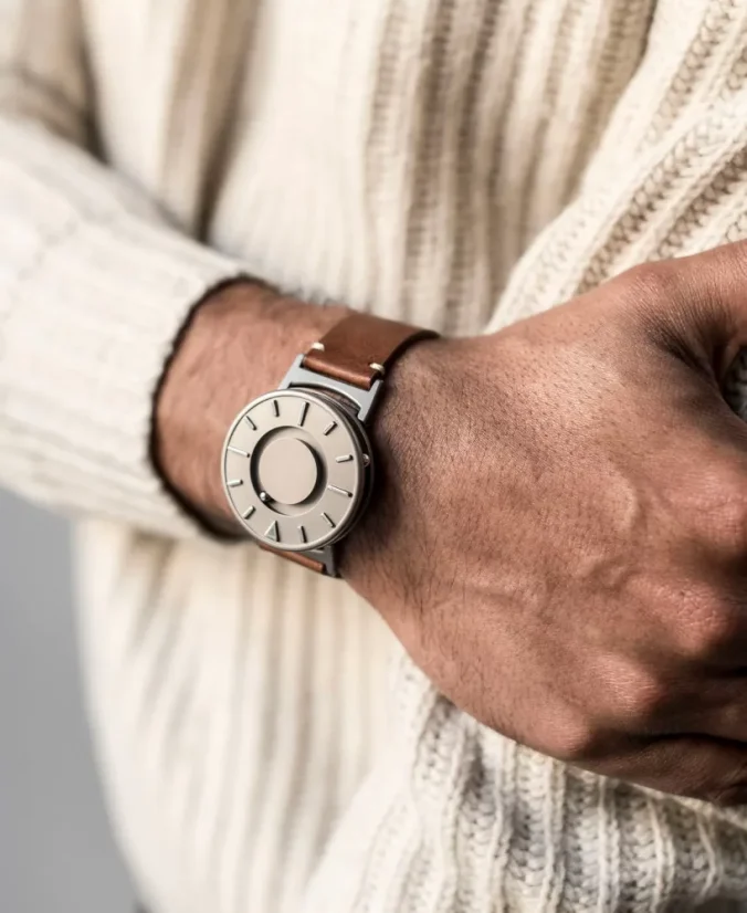 Men's silver Eone watch with leather strap Bradley Canvas Classic - Silver 40MM