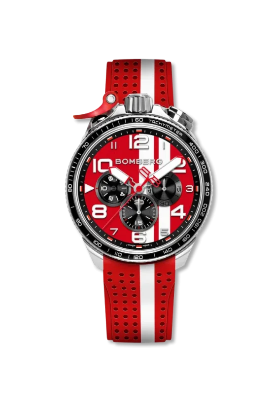 Silberne Herrenuhr Bomberg Watches mit Gummiband RACING 4.3 Red 45MM