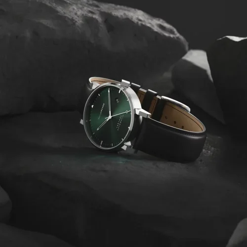 Reloj Henryarcher Watches plata para hombre con correa de cuero Sekvens - Nature Nero 40MM Automatic