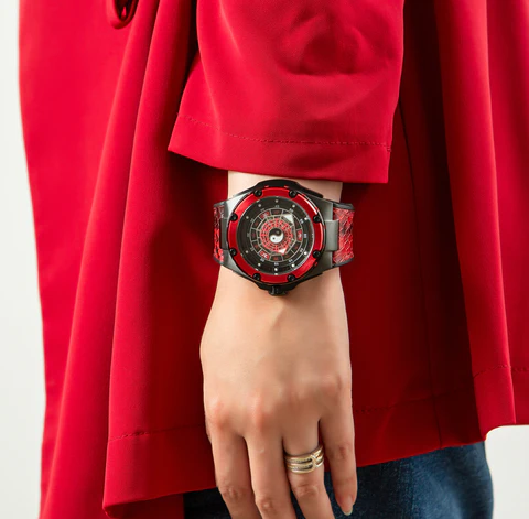 Černé pánské hodinky Nsquare s gumovým páskem FIVE ELEMENTS Black / Red 46MM Automatic