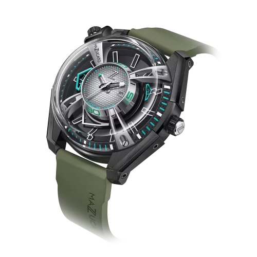 Zwart herenhorloge van Mazzucato met een rubberen band LAX Dual Time Black / Green - 48MM Automatic