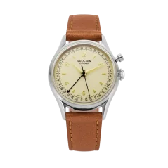 Men's silver Vulcain watch with leather strap Cricket Tradition Brown Plain Steel Case Back - Eggshell 39MM Automatic