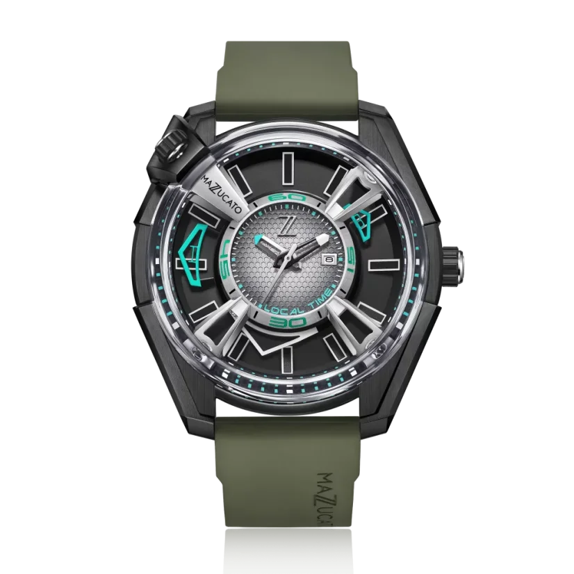 Men's Mazzucato black watch with rubber strap LAX Dual Time Black / Green - 48MM Automatic