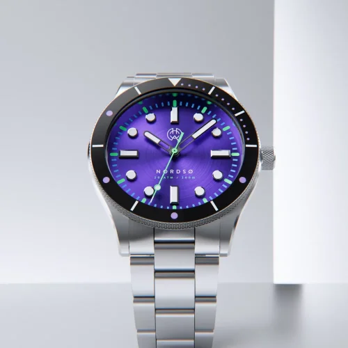 Stříbrné pánské hodinky Henryarcher Watches s ocelovým páskem Nordsø - Cosmic Purple Trinity Grey 40MM Automatic