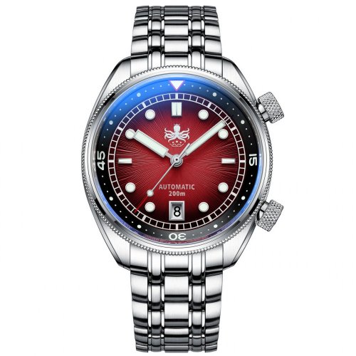 Herrenuhr aus Silber Phoibos Watches mit Stahlband Eagle Ray 200M - PY039E Sunray Red Automatic 41MM
