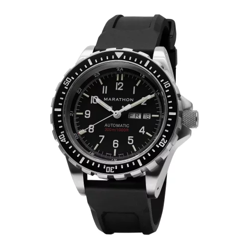 Męski srebrny zegarek Marathon Watches z gumowym paskiem Jumbo Day/Date Automatic 46MM