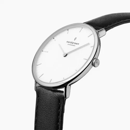 Miesten hopeinen Nordgreen - kello nahkarannekkeella Native White Dial - Black Leather / Silver 40MM