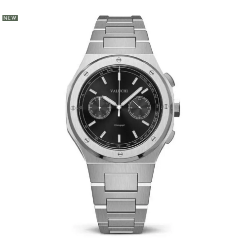 Reloj Valuchi Watches plateado para hombre con correa de acero Chronograph - Silver Black 40MM