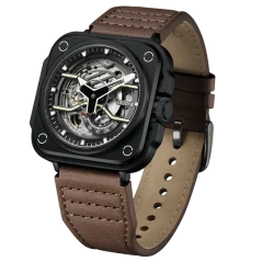 Men's black OLTO-8 with leather strap IRON-EX Square Skeleton Black / Brown 46MM Automatic