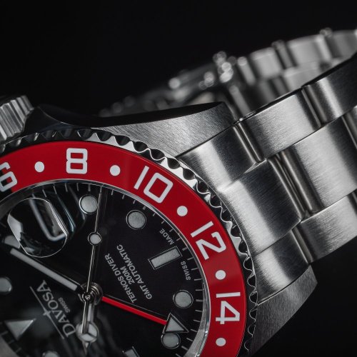 Ασημένιο ρολόι Davosa για άντρες με ιμάντα από χάλυβα Ternos Ceramic GMT - Black/Red Automatic 40MM