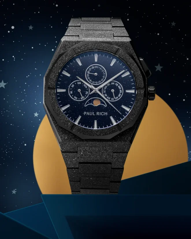 Čierne pánske hodinky Paul Rich s oceľovým pásikom Frosted Star Dust II Moonphase - Black 43MM