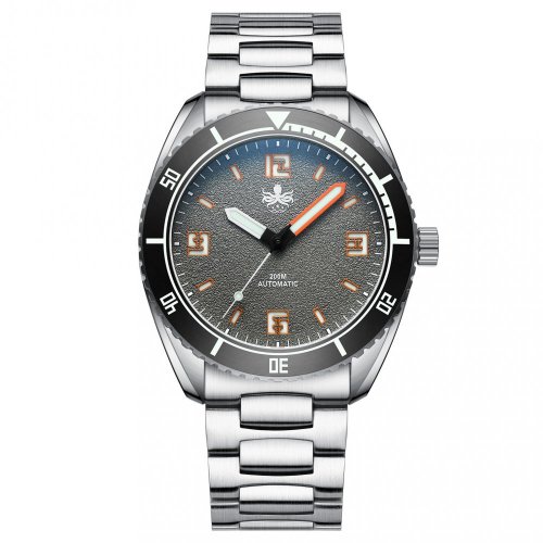 Męski srebrny zegarek Phoibos Watches ze stalowym paskiem Reef Master 200M - Fossil Gray Automatic 42MM