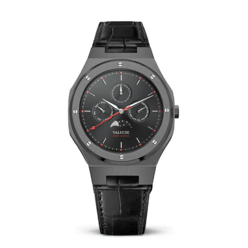 Crni muški sat Valuchi Watches sa kožnim remenom Lunar Calendar - Gunmetal Black Leather 40MM