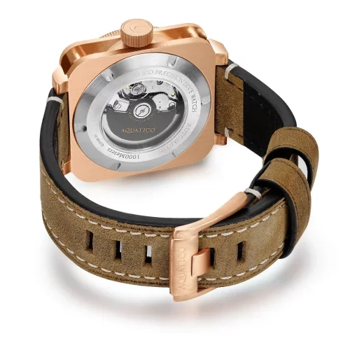 Muški zlatni sat Aquatico Watches s kožnim remenom Charger Bronze Green Dial Automatic 43MM