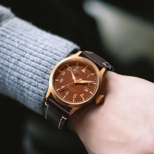 Miesten kultaa Aquatico Watches - kello nahkarannekkeella Big Pilot Brown Automatic 43MM