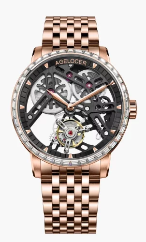Herenhorloge in goudkleur van Agelocer Watches met stalen riem Tourbillon Series Gold / Black Ruby 40MM