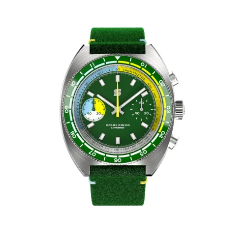 Men's silver Straton Watches with leather strap Yacht Racer Green / Yellow 42MM