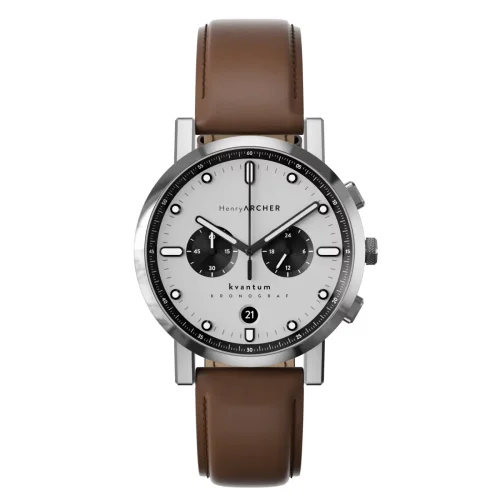 Męski srebrny zegarek Henryarcher Watches ze skórzanym paskiem Kvantum - Vektor Windsor Tan 41MM
