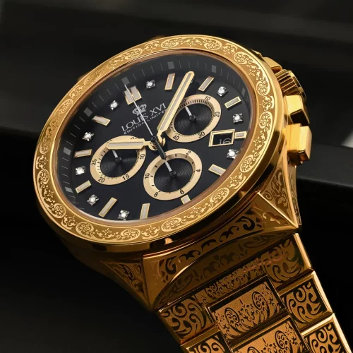 Relógio Louis XVI ouro para homens com pulseira de aço Frosted Le Monarque 1215 - Gold 42MM