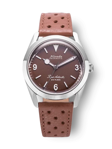 Men's silver Nivada Grenchen watch with leather strap Super Antarctic 32040A23 3.6.9 Brown No Vintage Effect 38MM Automatic