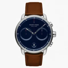 Men's silver Nordgreen watch with leather strap Pioneer Navy Dial - Brown Leather / Silver 42MM