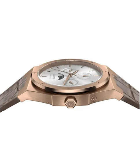 Złoty męski zegarek Valuchi Watches ze skórzanym paskiem Lunar Calendar - Rose Gold White Leather 40MM
