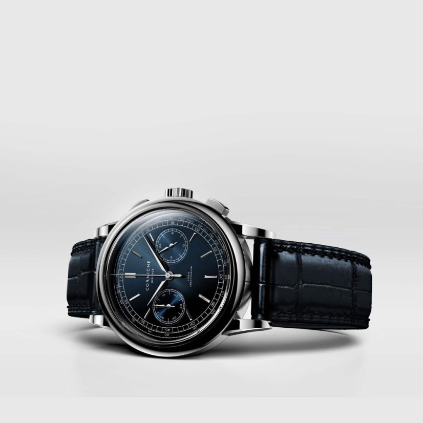 Men's silver Corniche watch with leather strap Chronograph Steel with Blue dial 39MM