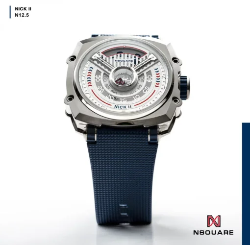 Strieborné pánske hodinky Nsquare s gumovým opaskom NSQUARE NICK II Silver / Blue 45MM Automatic