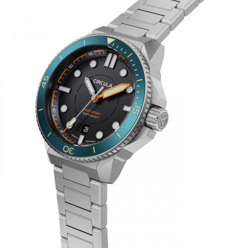 Zilverkleurig herenhorloge van Circula Watches met stalen riem DiveSport Titan - Black / Petrol Aluminium 42MM Automatic