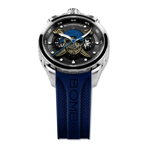 Srebrny zegarek męski Bomberg Watches z gumowym paskiem PIRATE SKULL BLUE 45MM