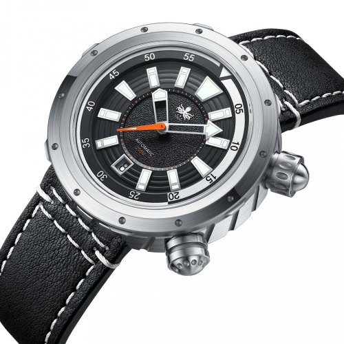 Srebrny zegarek męski Phoibos Watches ze skórzanym paskiem Vortex Anti-Magnetic PY042C - Black Automatic 43.5MM