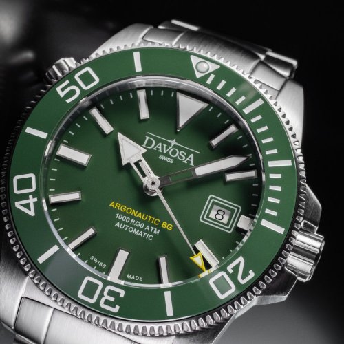 Zilverkleurig herenhorloge van Davosa met stalen band Argonautic BG - Silver/Green 43MM Automatic