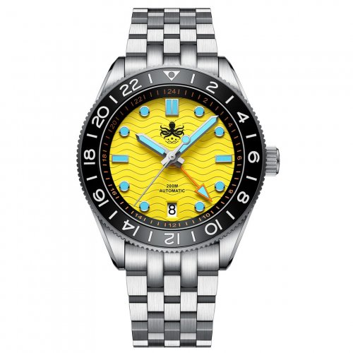 Ασημένιο ρολόι Phoibos Watches για άντρες με ιμάντα από χάλυβα GMT Wave Master 200M - PY049F Yellow Automatic 40MM