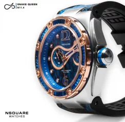 Montre Nsquare pour hommes en argent avec bracelet en cuir SnakeQueen Blue 46MM Automatic