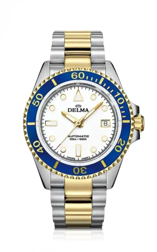 Stříbrné pánské hodinky Delma s ocelovým páskem Commodore Silver / Gold White 43MM Automatic