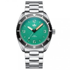 Miesten hopeinen Phoibos Watches -kello teräshihnalla Reef Master 200M - Shamrock Green Automatic 42MM