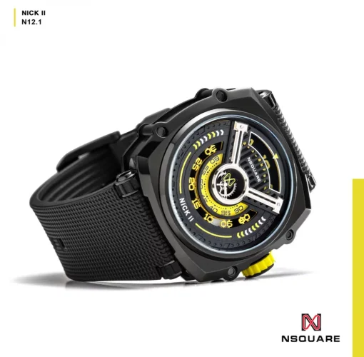 Černé pánské hodinky Nsquare s gumovým páskem NSQUARE NICK II Black / Yellow 45MM Automatic