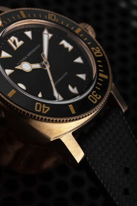 Men's gold Nivada Grenchen watch with leather strap Depthmaster Bronze 14123A16 Black Leather 39MM Automatic