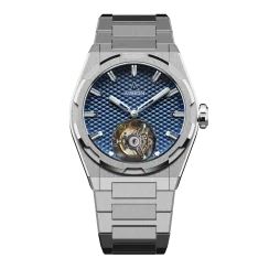 Men's silver Aisiondesign Watch with steel strap Tourbillon Hexagonal Pyramid Seamless Dial - Blue 41MM