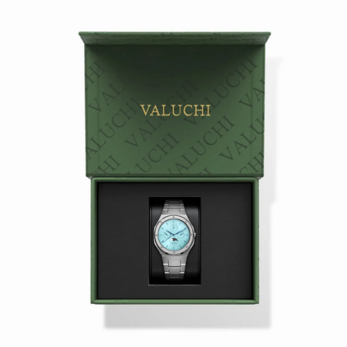 Relógio Valuchi Watches de prata para homem com pulseira de aço Lunar Calendar - Silver Ice Blue 40MM