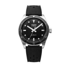 Men's silver Vulcain watch with rubber strap Skindiver Nautique - Black with White Lum - Rubber 44,5MM Automatic