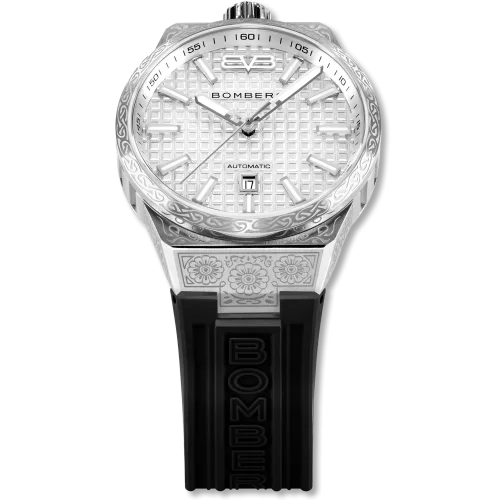 Srebrny zegarek męski Bomberg Watches z gumowym paskiem DIAMOND WHITE 43MM Automatic