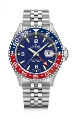 Stříbrné pánské hodinky Delma s ocelovým páskem Santiago GMT Meridian Silver / Blue Red 43MM Automatic