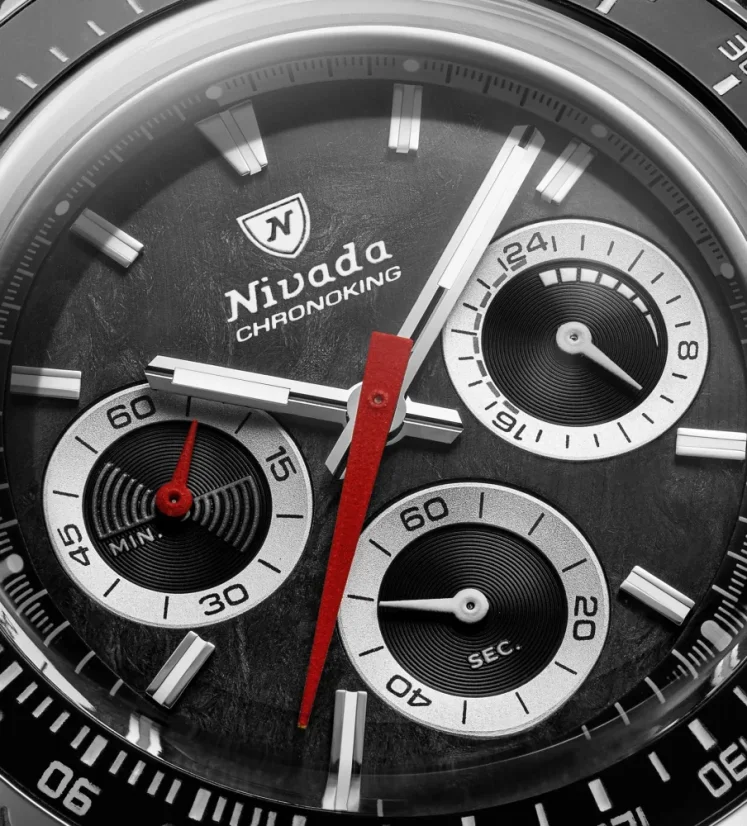 Stříbrné pánské hodinky Nivada Grenchen Chronoking Mecaquartz Racing Black 87048Q01 38MM