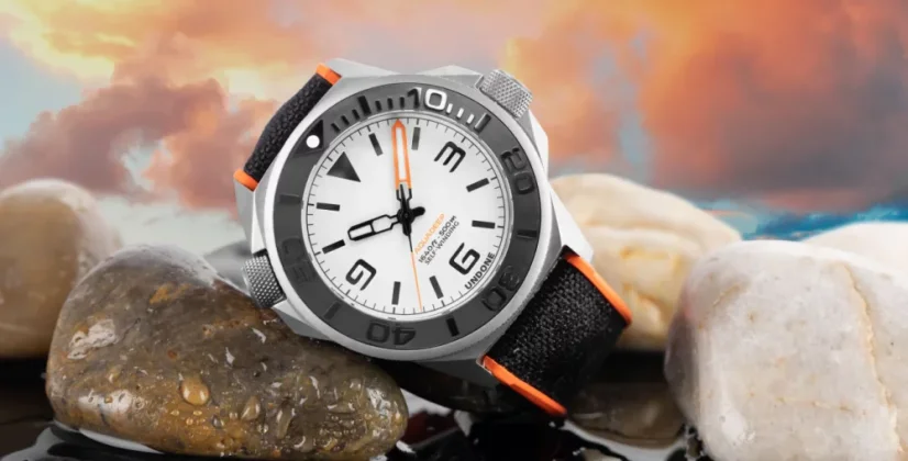 Men's silver Undone Watch with rubber strap AquaLume Black / Orange 43MM Automatic