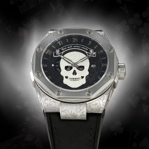 Stříbrné pánské hodinky Nsquare s koženým páskem The Magician Silver 46MM Automatic