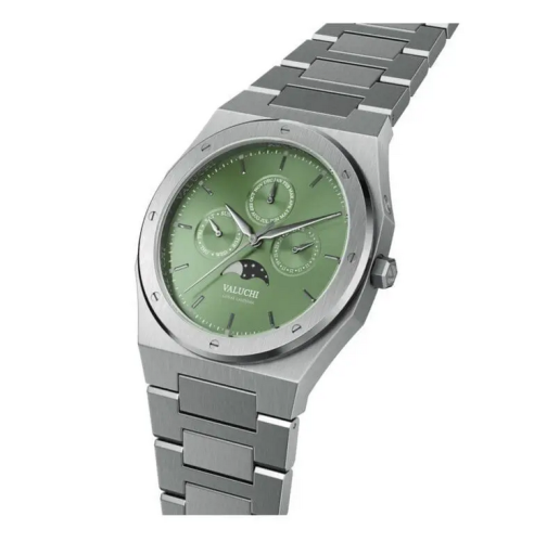 Reloj Valuchi Watches plateado para hombre con correa de acero Lunar Calendar - Silver Green Automatic 40MM